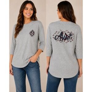 Ariat REAL Women's XL Oversized Fit Gray Graphic 3/4 Sleeve Western Tee Shirt